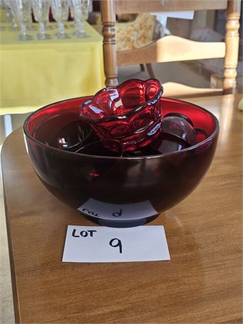Anchor Hocking Royal Ruby Red Glass Punch Bowl w/ Base & Matching Cups 1937-1967