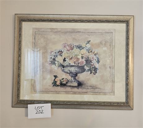 Signed Still Life Floral Art Print Tan Brush Frame