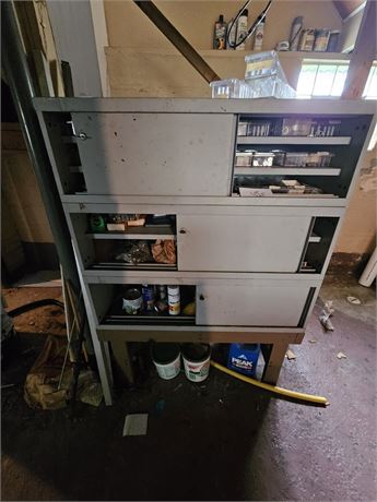 Large Locking Footed Hardware Cabinet With Lot of Misc Hardware & Supplies