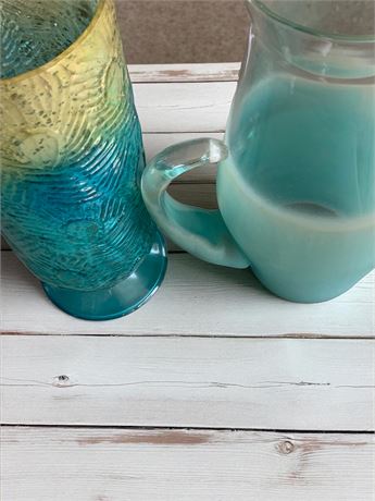 Blendo Blue Hombre Frosted Glass Pitcher & Peacock Colored Floral Vase