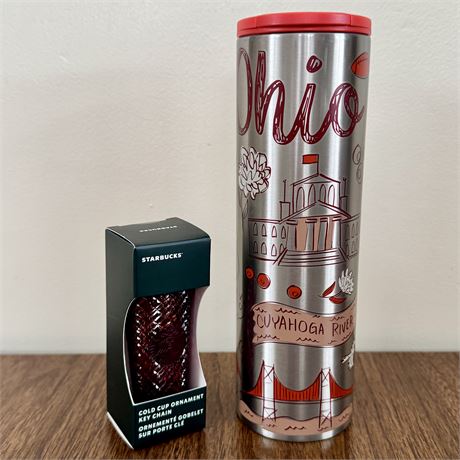 New Starbucks Ohio Themed Stainless Steel Water Bottle & Cold Cup Keychain