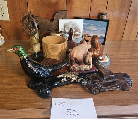 Mixed Decor Lot- Sand Art, Wood Duck Decoy, Avon & More