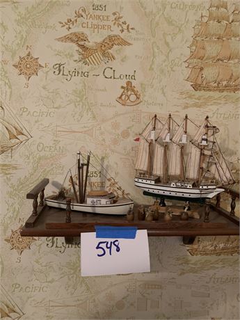 2 Model  Pirate Ships On Wood Wall Shelf With Pirate Model Band