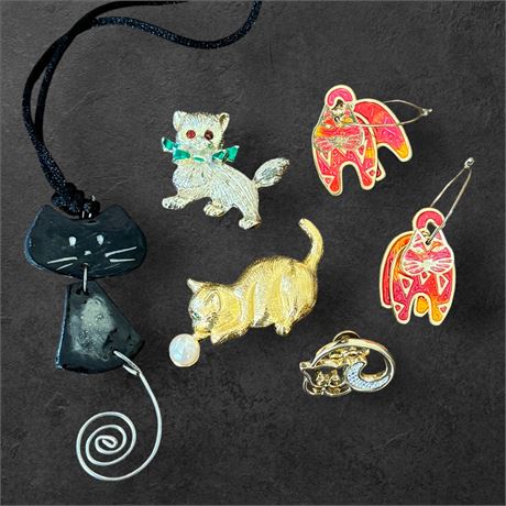 Cat Themed Brooches, Earrings, Necklace Bundle