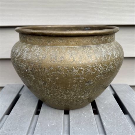 Antique Hand-Engraved Indian Brass Planter - 9.75" x 7.75"
