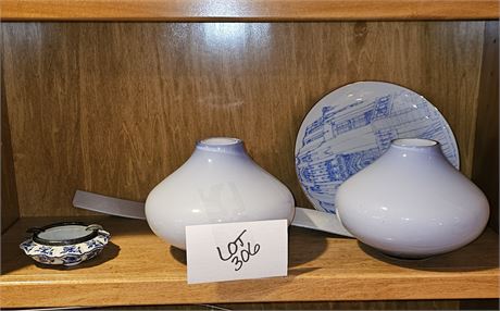 Light Blue Gwen Vases, Delfts Blue / White Ashtray & Univerisity of Pitt Plate