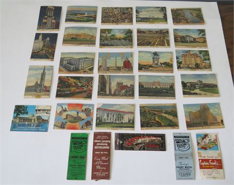 Assorted Vintage Miniature Postcards, Match Book Covers
