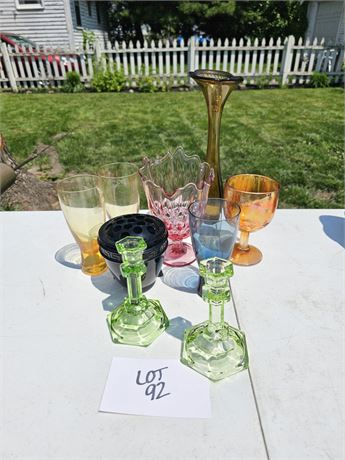 Mixed Glass Lot- Depression Green Candle Sticks, Onyx Frog Vase & More