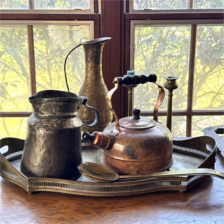 Mixed Metalware - Antique Hand Forged Pitcher, Brass Items and More