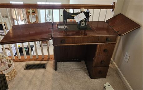 Vintage White Sewing Machine w/ Table & Supplies