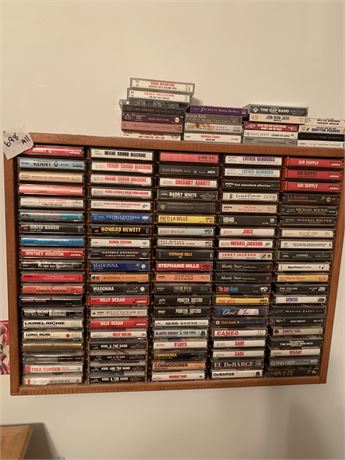 Vintage Rock and Roll Cassette Tapes and Wood Wall Holder Lot