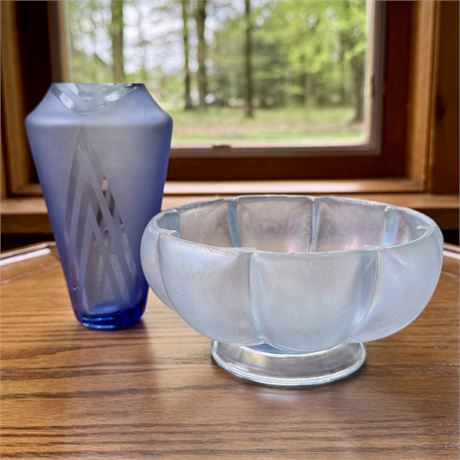 Fenton Iridescent Art Glass Bowl and Blue Sand Carved Vase