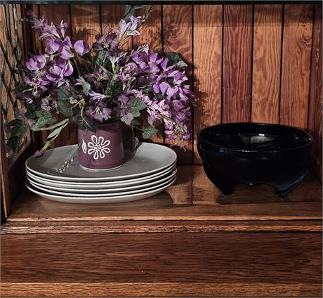 Floral Arrangement, Gray Platters & Beautiful Bowl