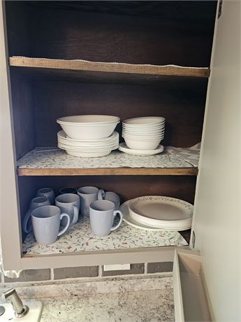 Corelle Dinnerware Set & Corelle Stoneware Blue Coffee Mugs