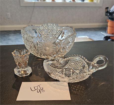 American Nucut Crystal Bowl & Relish Bowl & US Glass EAPG Toothpick Holder