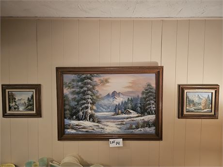 (3) Canvas & Oil Winter Cabin Themed Art Signed Taylor