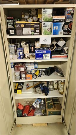 Mixed Cabinet Cleanout: Mixed Light Bulbs, Flashlights, Lamp Oil, Gloves & More