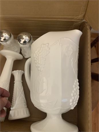 Embossed Milk Glass Lot - S+P Shakers, Pitcher, Vases, Harvest Grape Pitcher