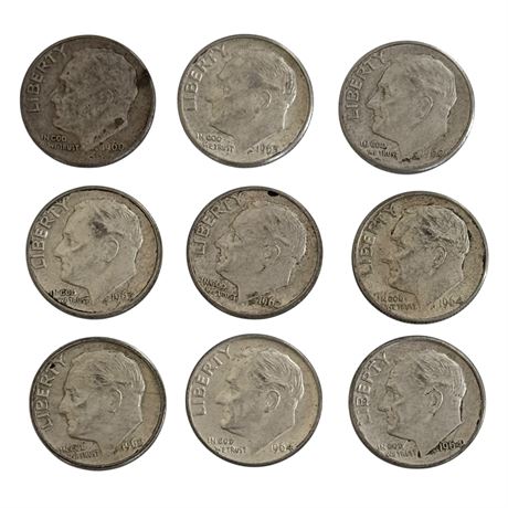 1960-1964 Roosevelt Dimes 90% Silver (Lot of 9)