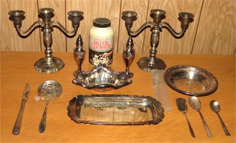 Silver Plated Candlesticks, Salt & Pepper Shakers, Trays, Flatware