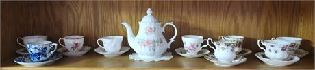 Teapot & Assorted Teacups, Saucers