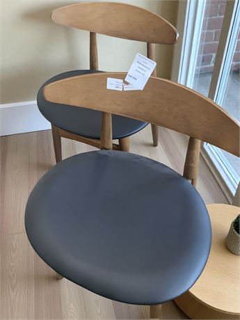 2 Norwegian/Danish Wood Framed MCM-Style Chair W/Navy Blue Faux Leather Seat