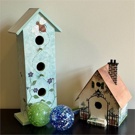 Hand Painted Birdhouses and Art Glass Watering Globes