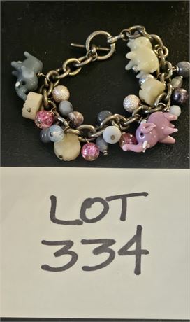 Mixed Carved Glass Elephant & Bead Charm Bracelet