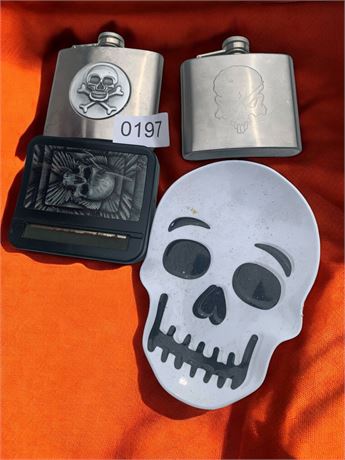Halloween Skull Dish, Skull Cross & Bones Metal Flasks & Cigarette Roller Plate