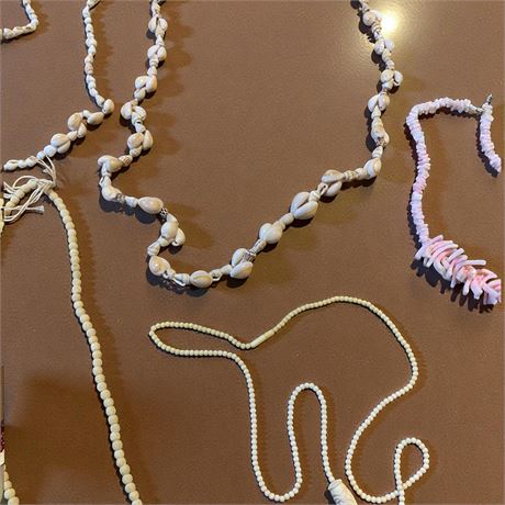 2 Cowrie Money Shell Necklaces (One W/Tassel), Wood Bead Necklace