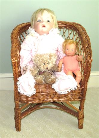 Porcelain Baby, Wicker Doll Chair, Etc