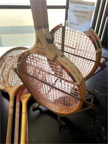 Vintage Wood Badminton Rackets W/Holder  - Lot of 8 Rackets