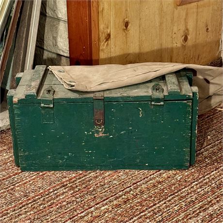 Vintage Military Style Wood Crate w/ Rope Handles & Canvas Sea Bag