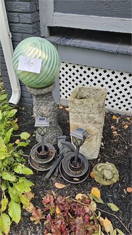 Yard Decor Gazing Ball With Concrete Holder, Concrete Bunny, Solar Lights & More