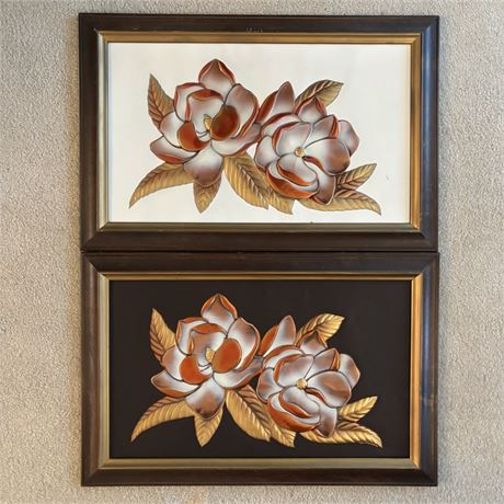 Vintage Coppercraft Wood Framed Floral Wall Hangings - 23 x 15"