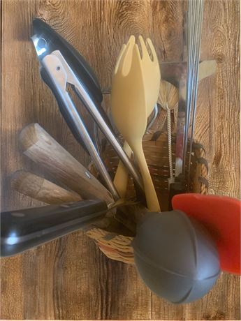 Kitchen Utensil Lot in Wicker Basket - Butcher Block Knives, Tongs & More