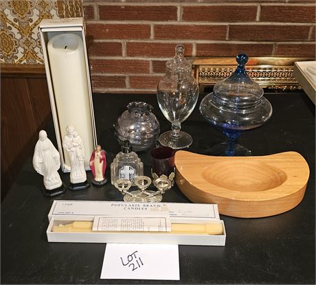 Mixed Religious Lot: Holy Water Bottle, Candles & More