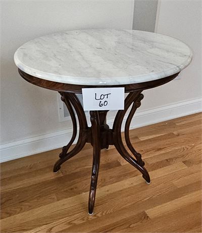 Victorian Revival Style Wood & Marble Top Round Parlor Table