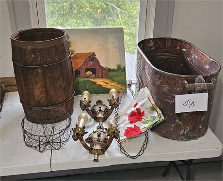 Mixed Primitive Lot: Copper Kettle, Wood Pickle Barrel, Egg Basket, Electric Sco