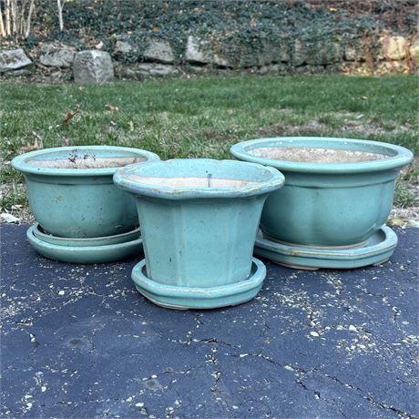 Lot of 3 Teal Blue Ceramic Planters