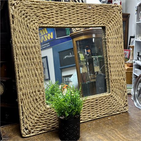 Handwoven Seagrass Large Vintage Wall Mirror & Artificial Plant - 28" Square