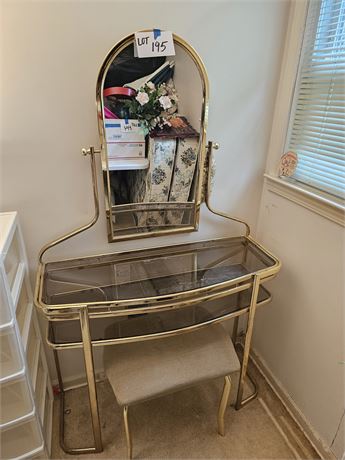 Gold Metal & Glass Top Vanity with Attached Mirror & Chair