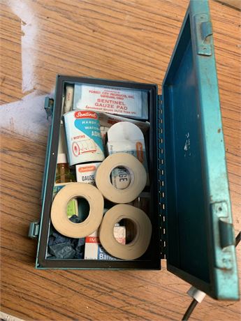 First Aid Kit in Vintage MCM Blue Metal Storage Box