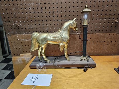 Brass Horse Lamp on Wood Base