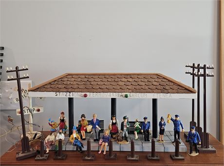 Lighted, Wooden Train Station w/ Parts and People Included
