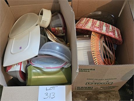 2 Boxes Of Mixed Plastic Storage, Baskets & Trays