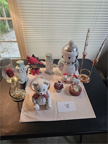 Mixed Christmas Lot:Penguin Cookie Jar, Dog Figurines Thomas Kinkade & More