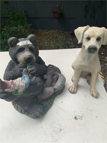 Lawn Ornament Statuary Black Sitting Bear Golden Labrador Retriever Dog