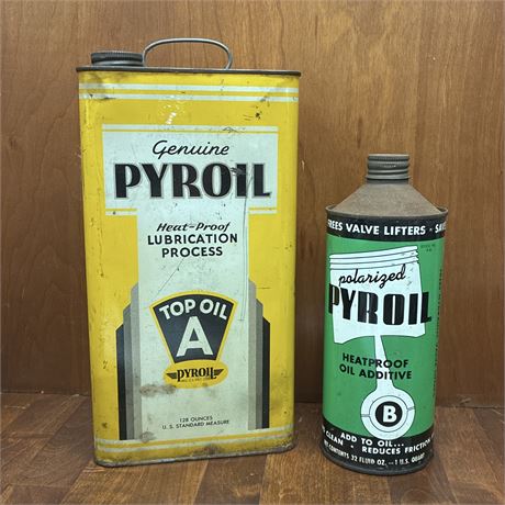 1930's Pyroil Cans w/ Rare 2 Gallon and Cone Top Can