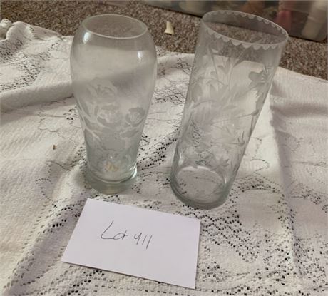 Lot Of 2 Clear Etched Glass Floral Pattern Vases